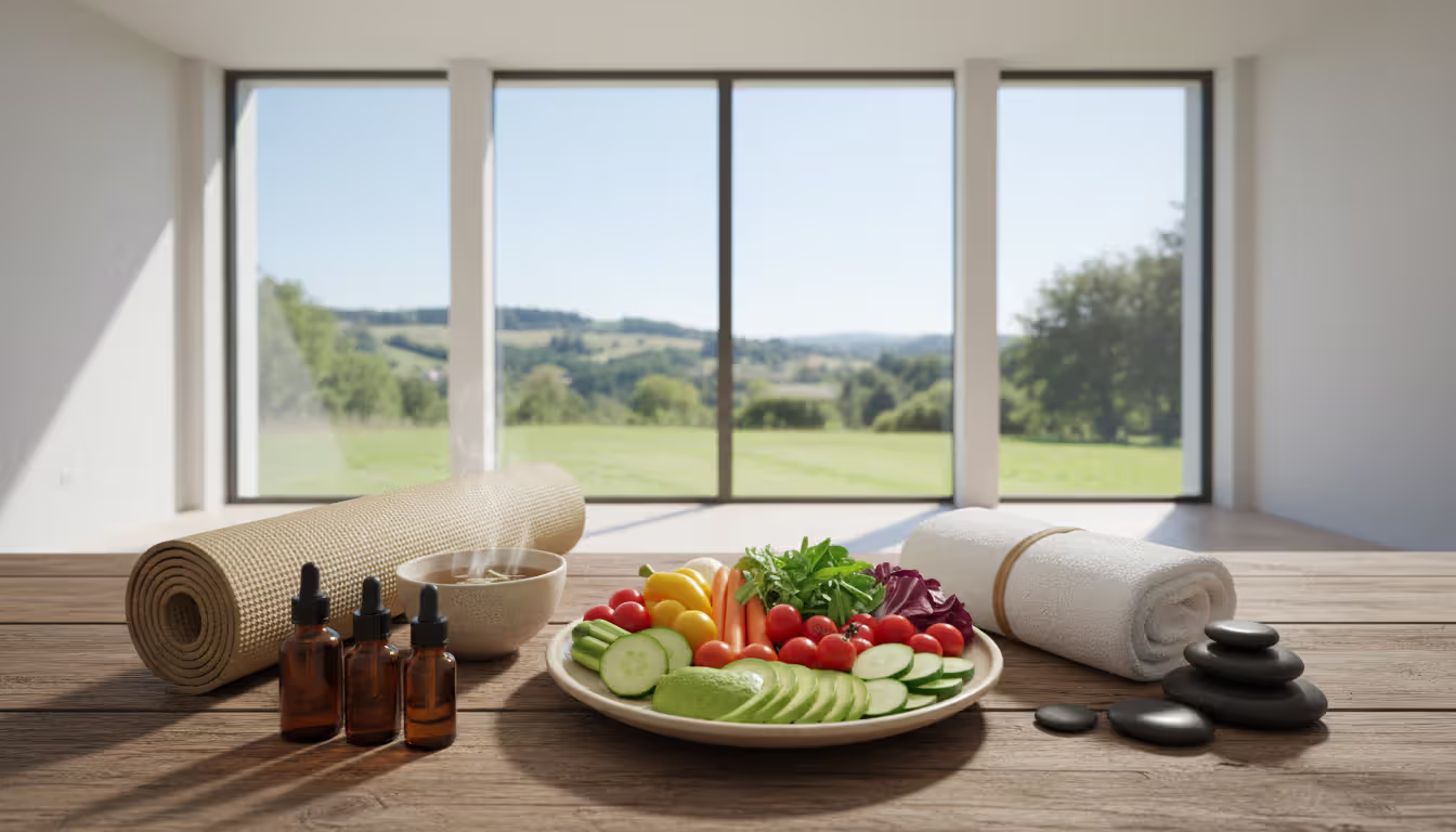 Holistic wellness retreat elements arranged on wooden table including healthy food yoga mat essential oils herbal tea and massage stones with nature view window