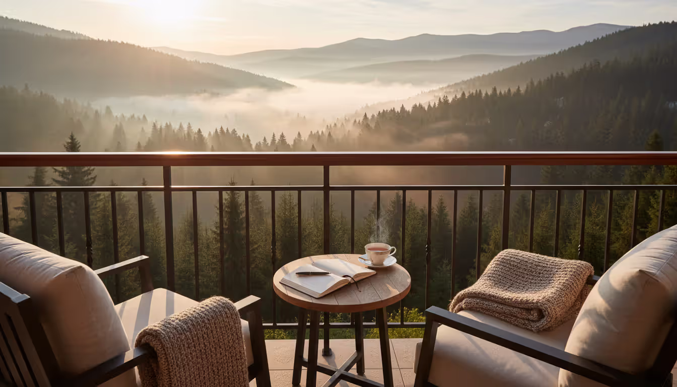 Mountain wellness retreat terrace at dawn with comfortable chairs tea cup notebook overlooking misty pine forest valley