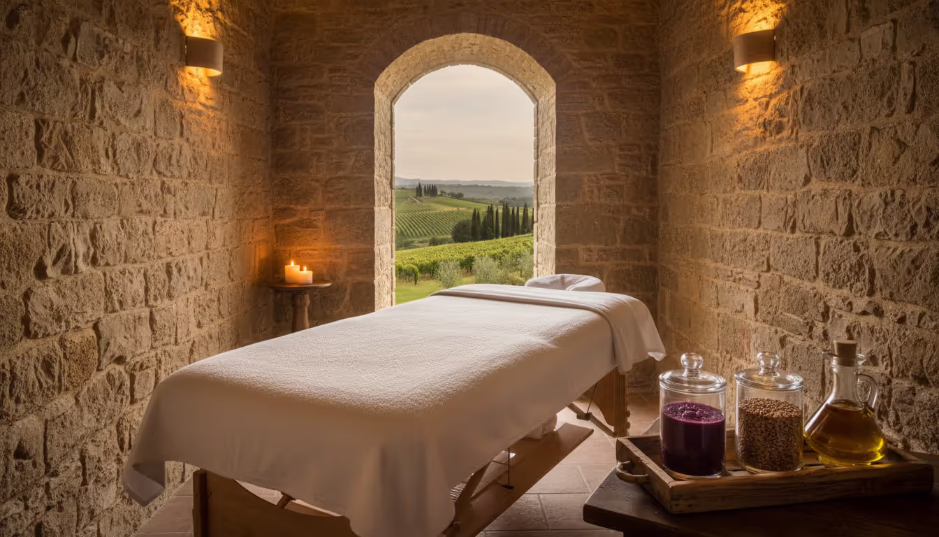 Interior of a spa room inside a rustic Tuscan stone building with a massage table, glass bowls of grape seed scrub and olive oil on a wooden tray, arched doorway revealing green landscape