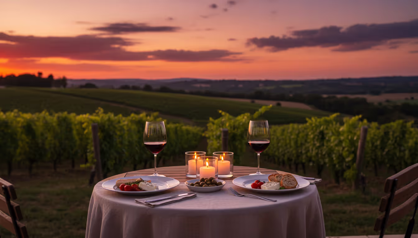 Evening dinner setting on an open terrace of a wine estate with a small wooden table set for two, Mediterranean dishes, two glasses of red wine, candles, vineyard view stretching to a warm sunset horizon