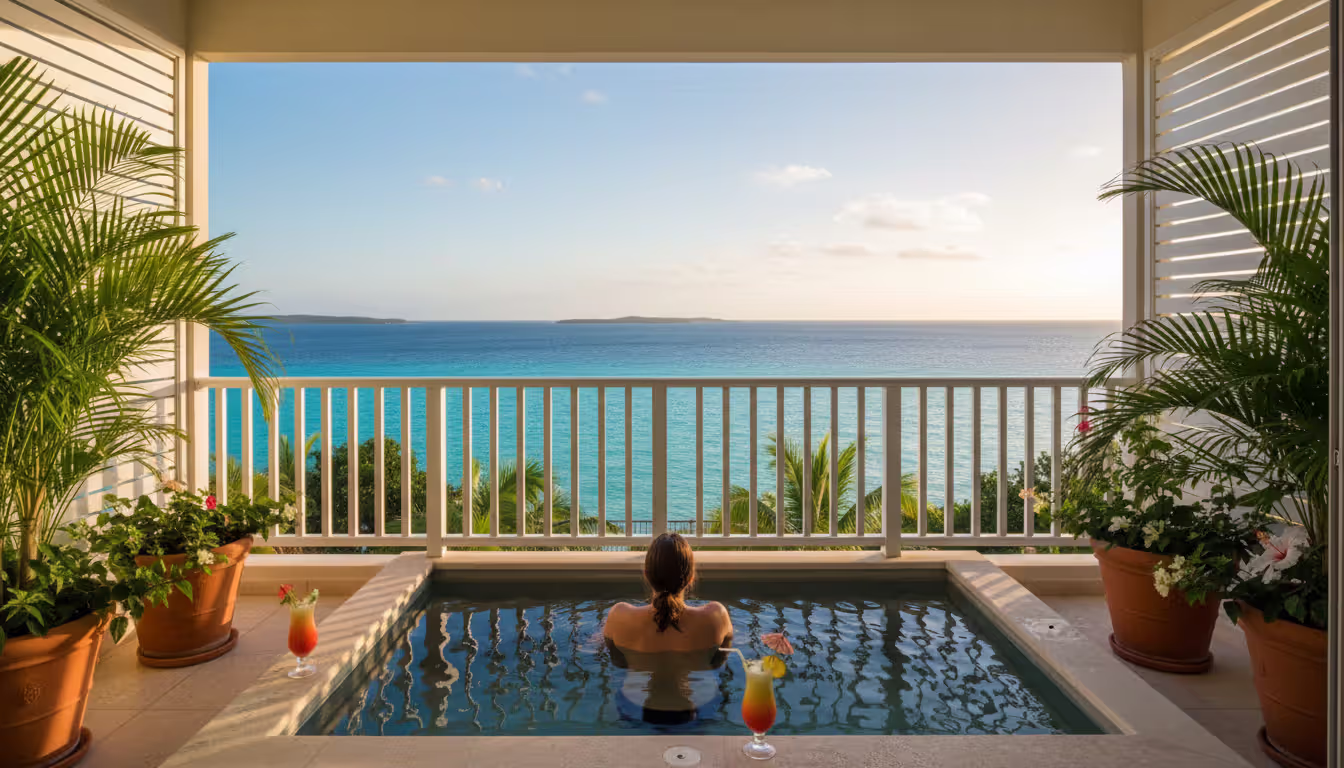 Small rectangular plunge pool on a hotel balcony overlooking the Caribbean sea with a tropical cocktail on the edge