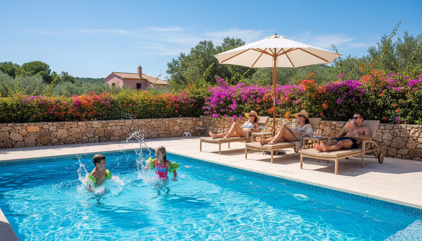 Family of four enjoying a large private villa pool with kids playing in the water and parents on wicker lounge chairs under a white umbrella surrounded by bougainvillea-covered stone walls