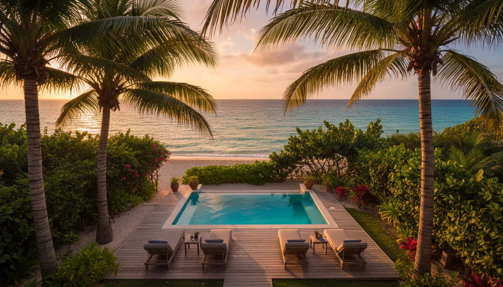 Aerial view of a luxury Caribbean villa with a private turquoise pool surrounded by tropical greenery and wooden deck with lounge chairs at sunset