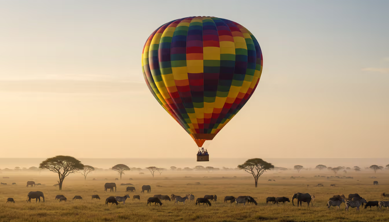 Colorful hot air balloon floating low over Masai Mara savanna at dawn with herds of animals and acacia trees below