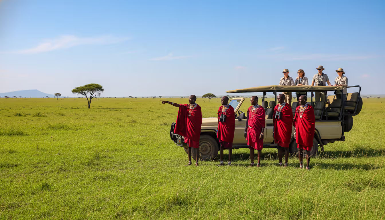 Maasai warriors in traditional red shukas and beaded jewelry standing near an open safari vehicle on green savanna under blue sky