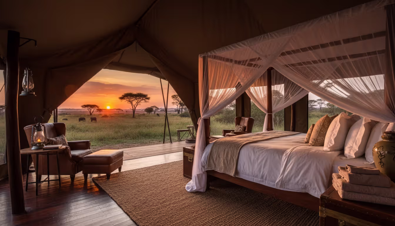 Interior of a luxury safari tent with a large bed and white linens, wooden floor, and an open canvas flap revealing an African savanna sunset with acacia tree silhouettes
