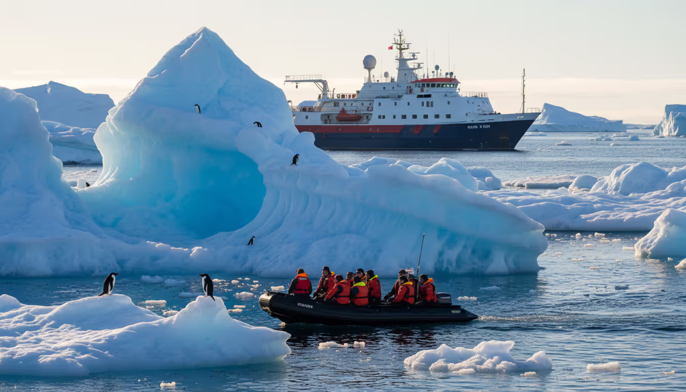 Zodiac inflatable boat with passengers in life jackets cruising past a large blue iceberg in Antarctic waters with an expedition ship in the background and penguins on ice