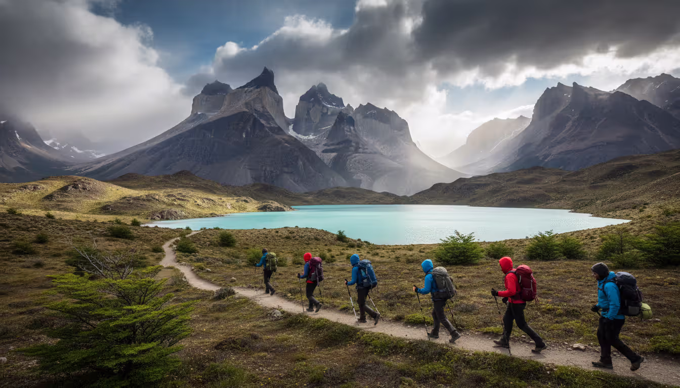 Group of trekkers with hiking poles walking along a trail in Patagonia with Torres del Paine granite towers in the background, a turquoise mountain lake, and dramatic cloudy sky