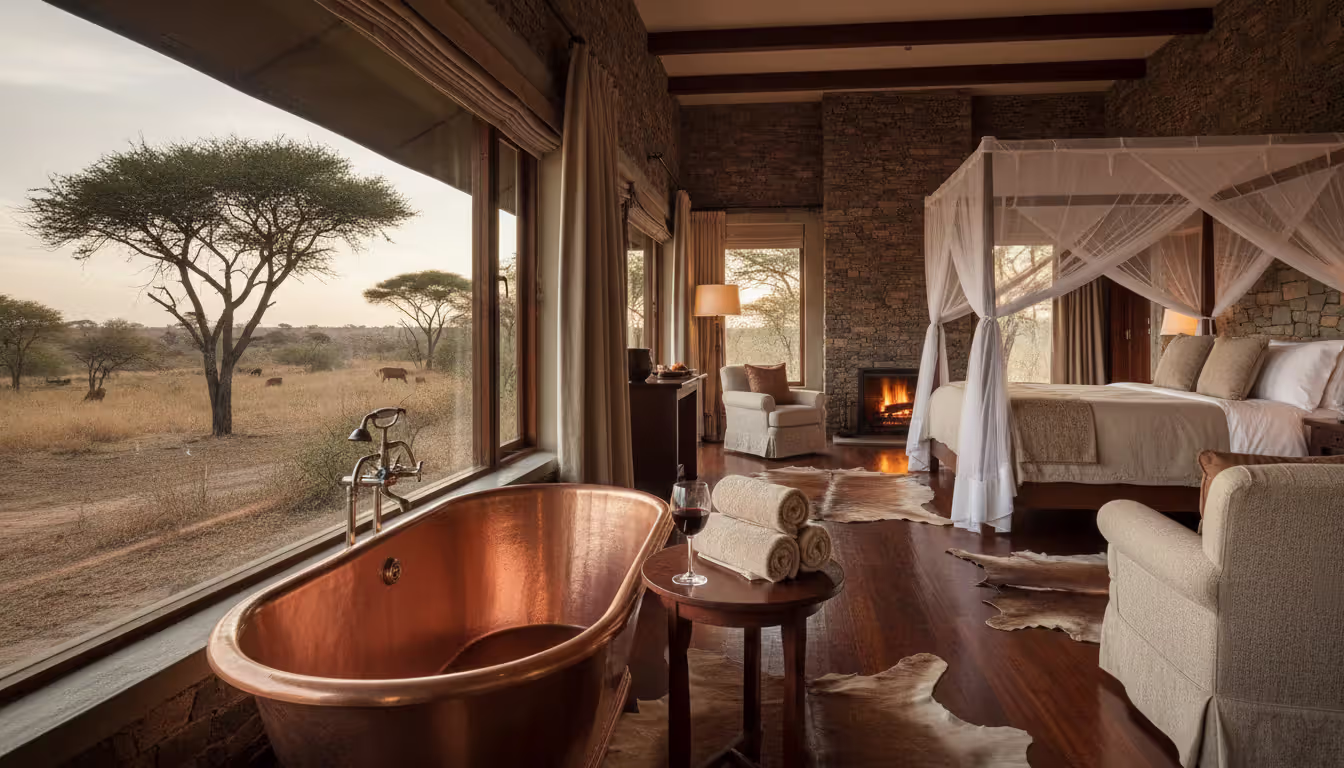 Interior of a luxury safari suite with a freestanding copper bathtub next to a panoramic window overlooking the African bush at golden hour