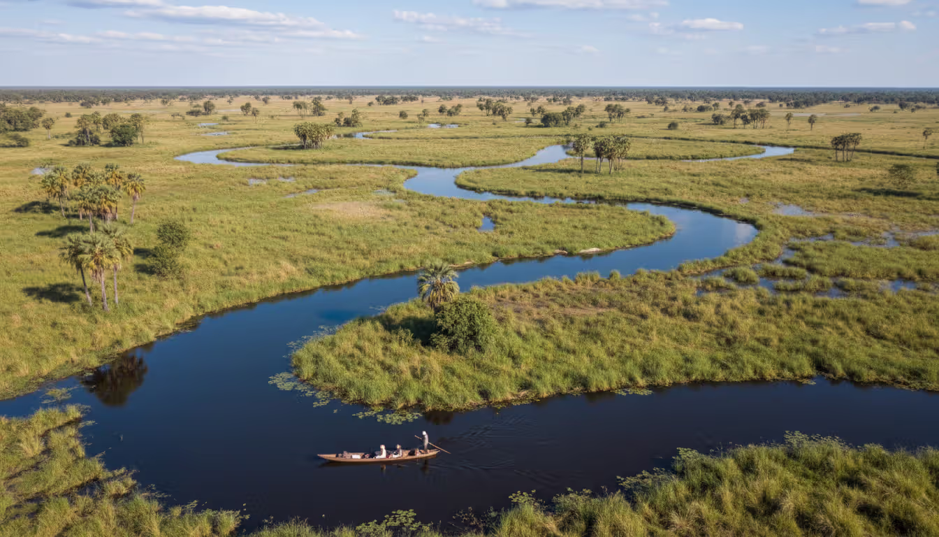 Aerial view of the Okavango Delta in Botswana with a traditional mokoro canoe gliding through lush green waterways