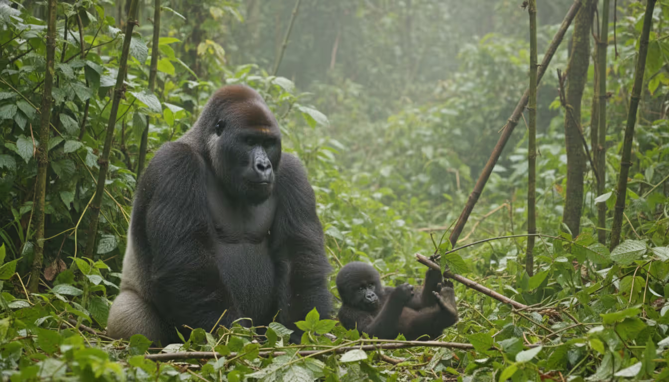 Silverback mountain gorilla with a baby gorilla sitting among lush green vegetation in a misty Rwandan rainforest