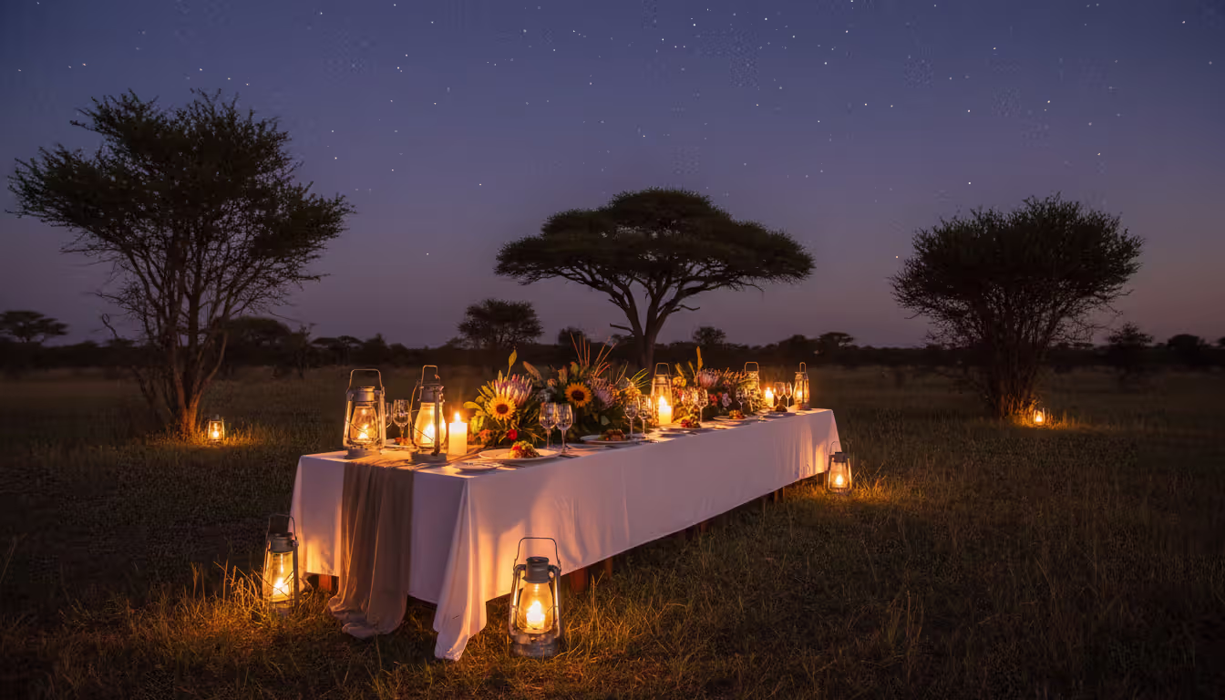 Elegant private bush dinner table set with candles and lanterns under a starry African sky surrounded by illuminated trees