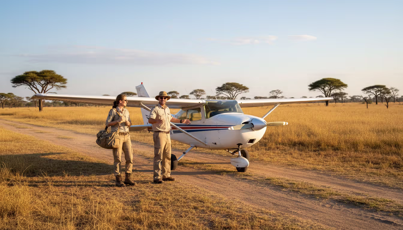 Small Cessna bush plane on a dirt airstrip in the African savanna with passengers and soft luggage ready for a safari transfer
