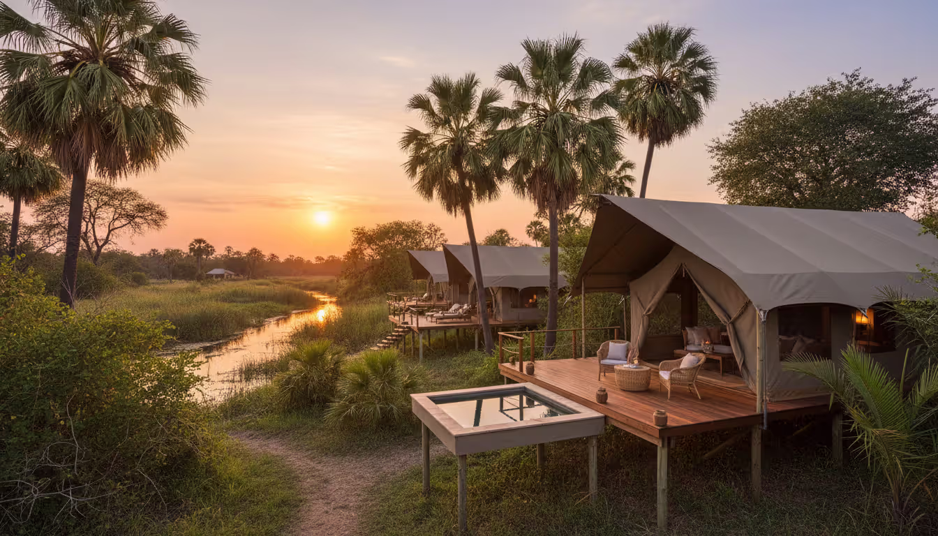 Luxury tented safari camp on raised wooden platforms surrounded by palm trees in the Okavango Delta with a plunge pool and papyrus-lined water channel in the background