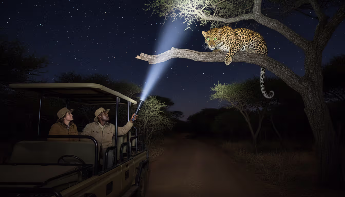 Safari vehicle with guide holding spotlight illuminating a leopard resting on a tree branch during a night game drive in Botswana under a starry sky