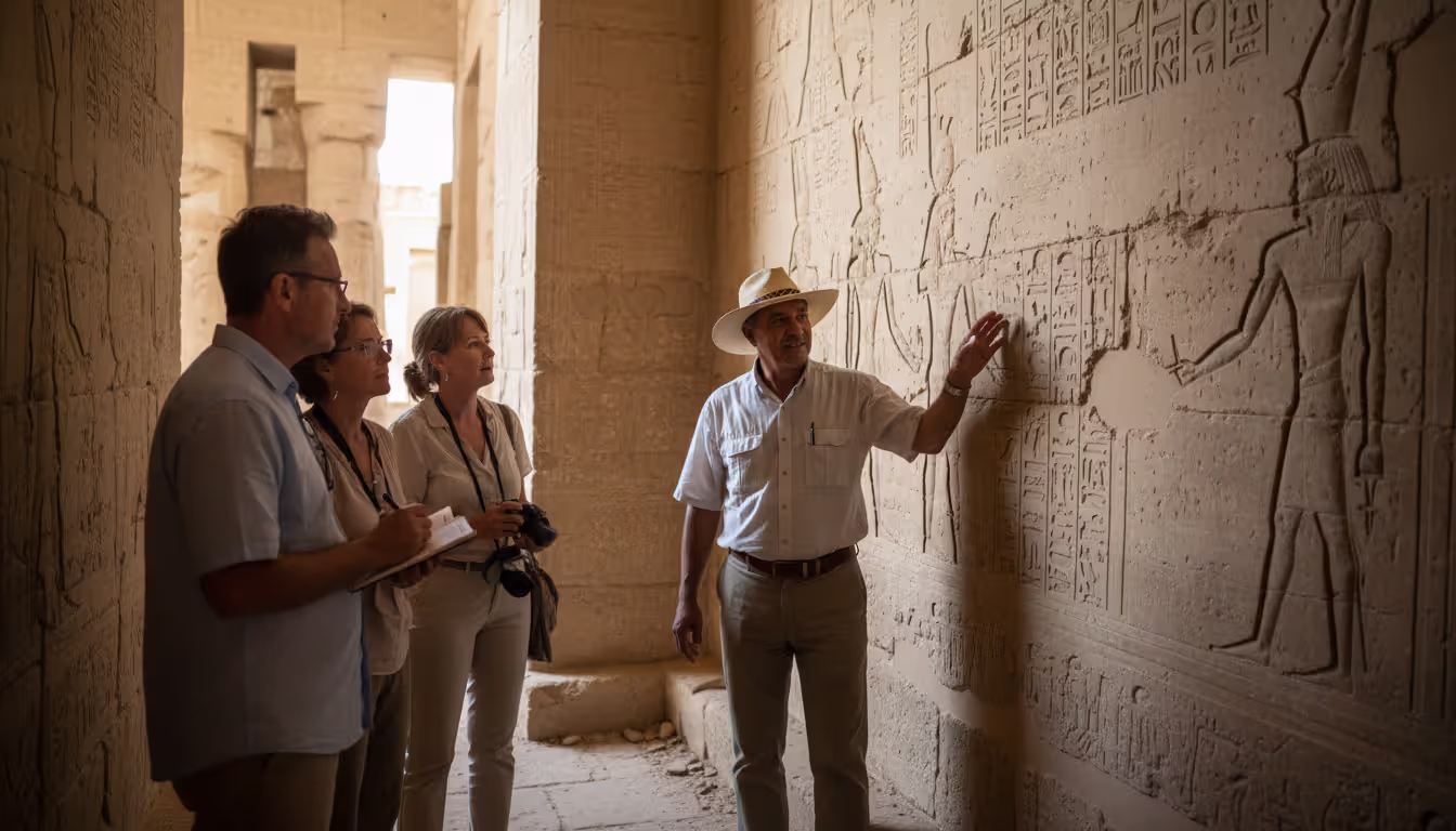 Private Egyptologist guide explaining hieroglyphics on an ancient temple wall to a small group of tourists