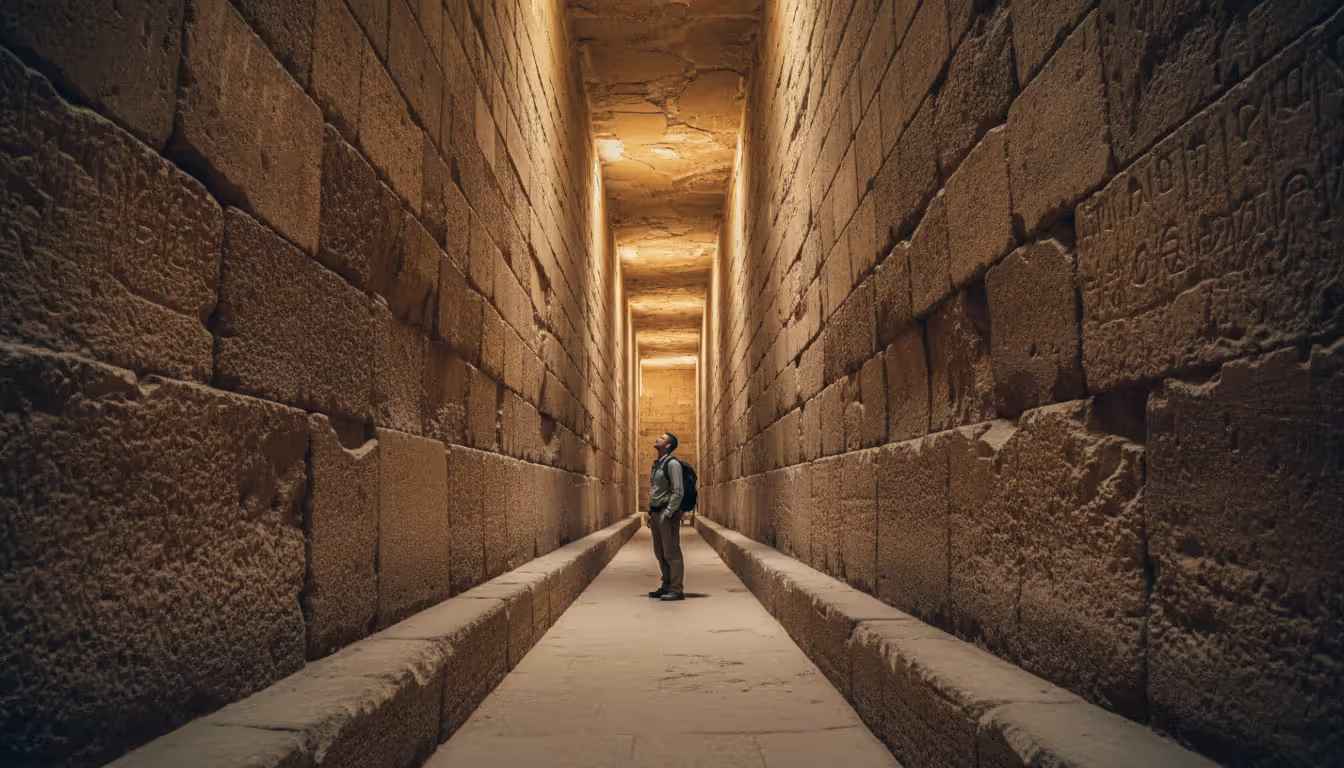 Lone traveler inside the Great Pyramid narrow stone corridor with warm lighting and ancient limestone blocks