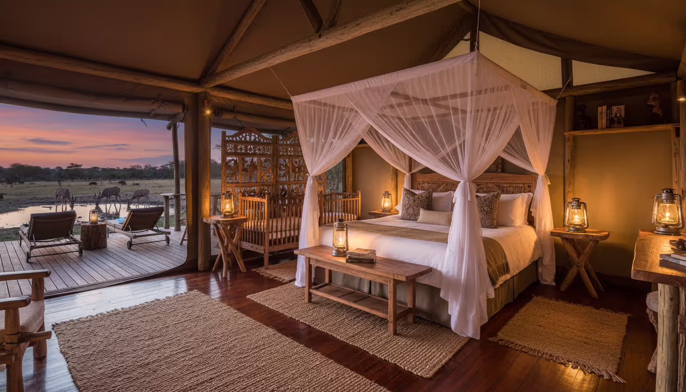 Luxury family safari tent interior with two sleeping areas, canopy bed, wooden deck overlooking a waterhole with kudu antelopes at dusk
