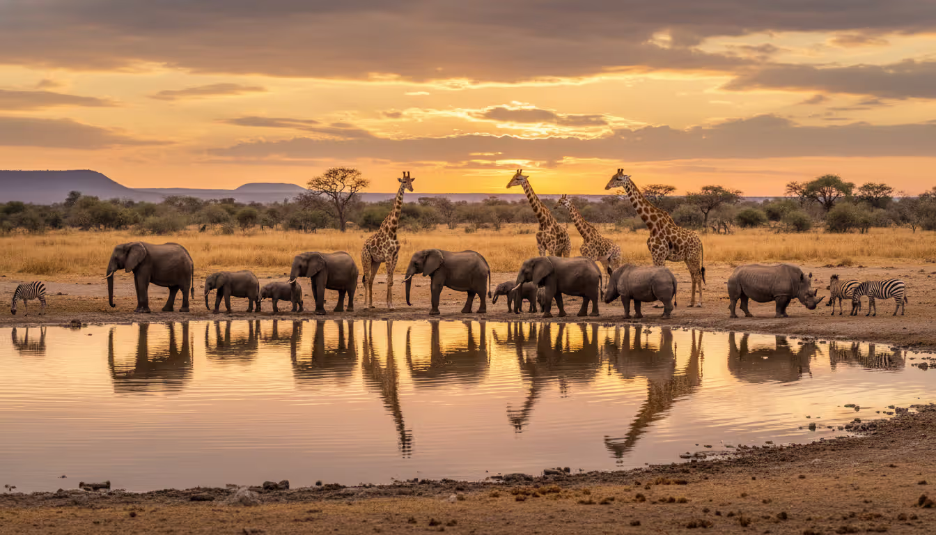 African waterhole at sunset in Etosha National Park with elephants, giraffes, a rhinoceros, and zebras drinking together