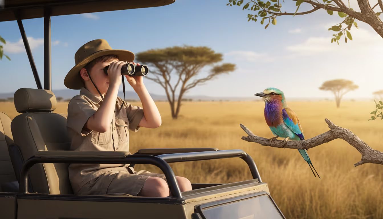 A boy in khaki safari clothes looking through binoculars at a colorful lilac-breasted roller bird perched on a branch in the African savanna