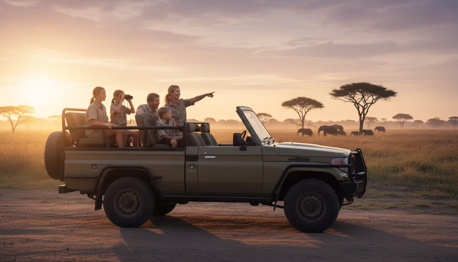 A family of four in an open safari Land Cruiser at sunrise on the African savanna with elephants and acacia trees in the background