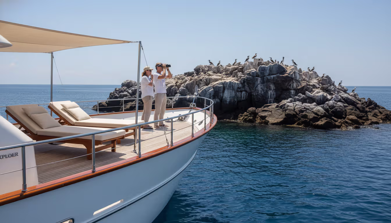 Private luxury yacht with wooden deck anchored in a calm Galapagos bay near rocky cliffs with blue-footed boobies while passengers observe wildlife with binoculars