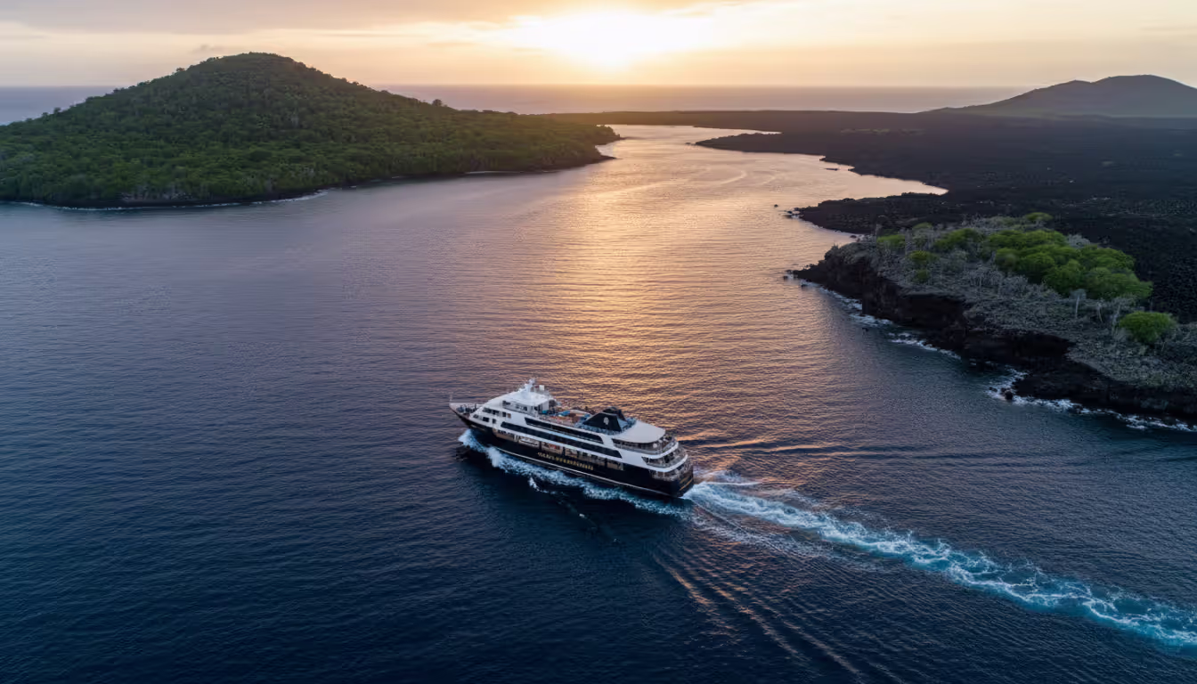 Aerial drone view of a small luxury cruise ship sailing between two volcanic Galapagos islands with green vegetation and black lava formations during golden hour