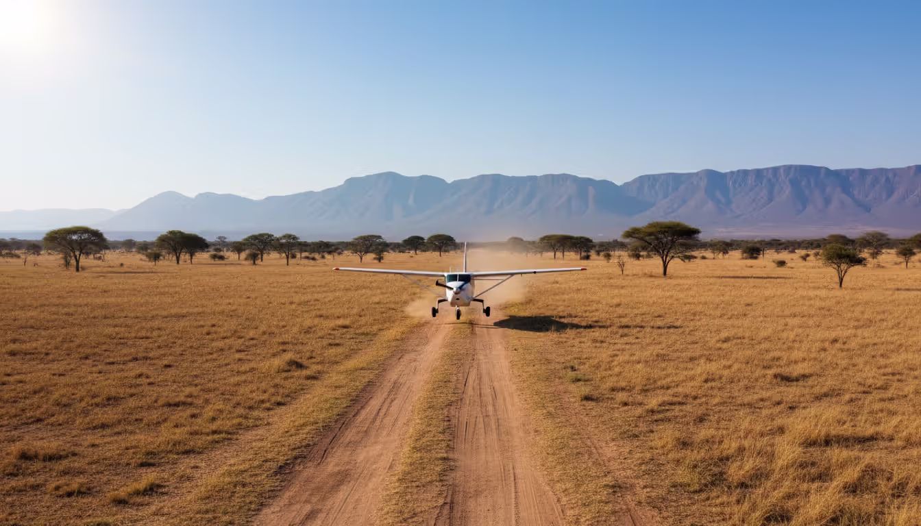 Small charter aircraft landing on a remote dirt airstrip in the Namibian savanna with mountains in the distance under clear sky