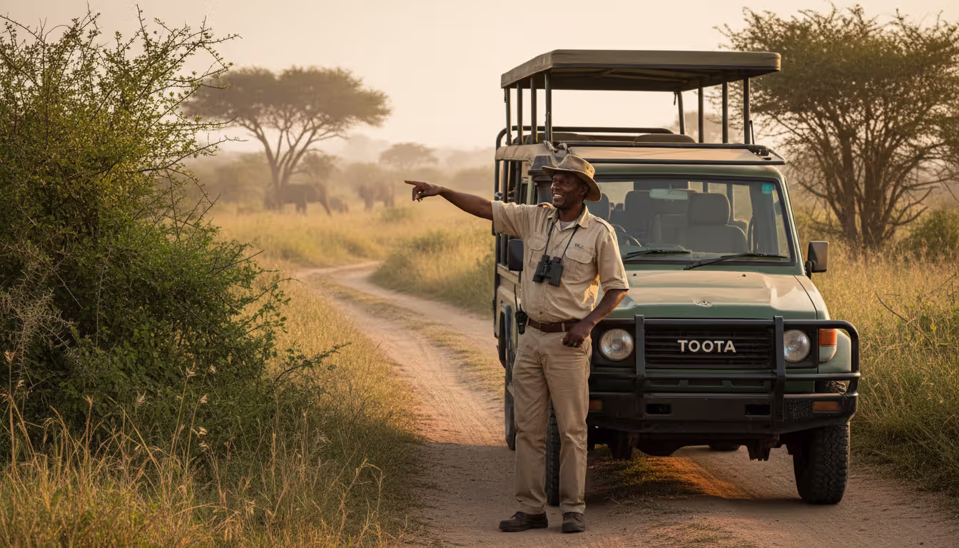 Professional safari guide in khaki uniform standing next to an open Land Cruiser in the African bush pointing into the distance