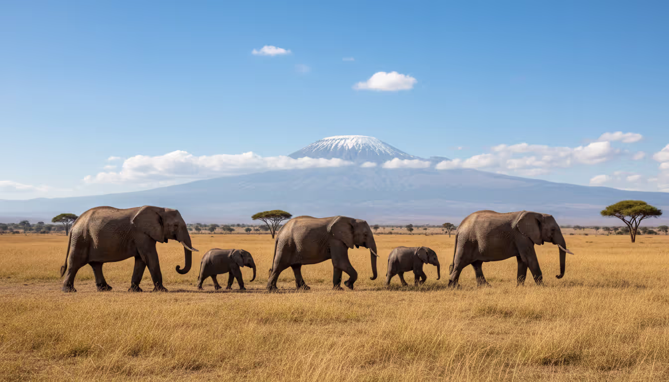 Elephant family with a baby elephant walking across the savannah with snow-capped Mount Kilimanjaro in the background