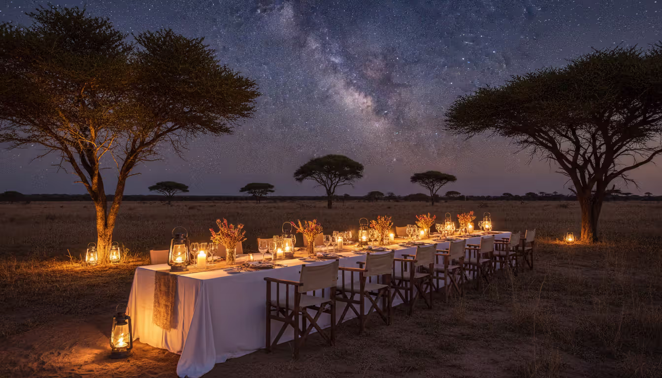 Outdoor bush dinner setup with a long candlelit table under the stars surrounded by illuminated African trees at night