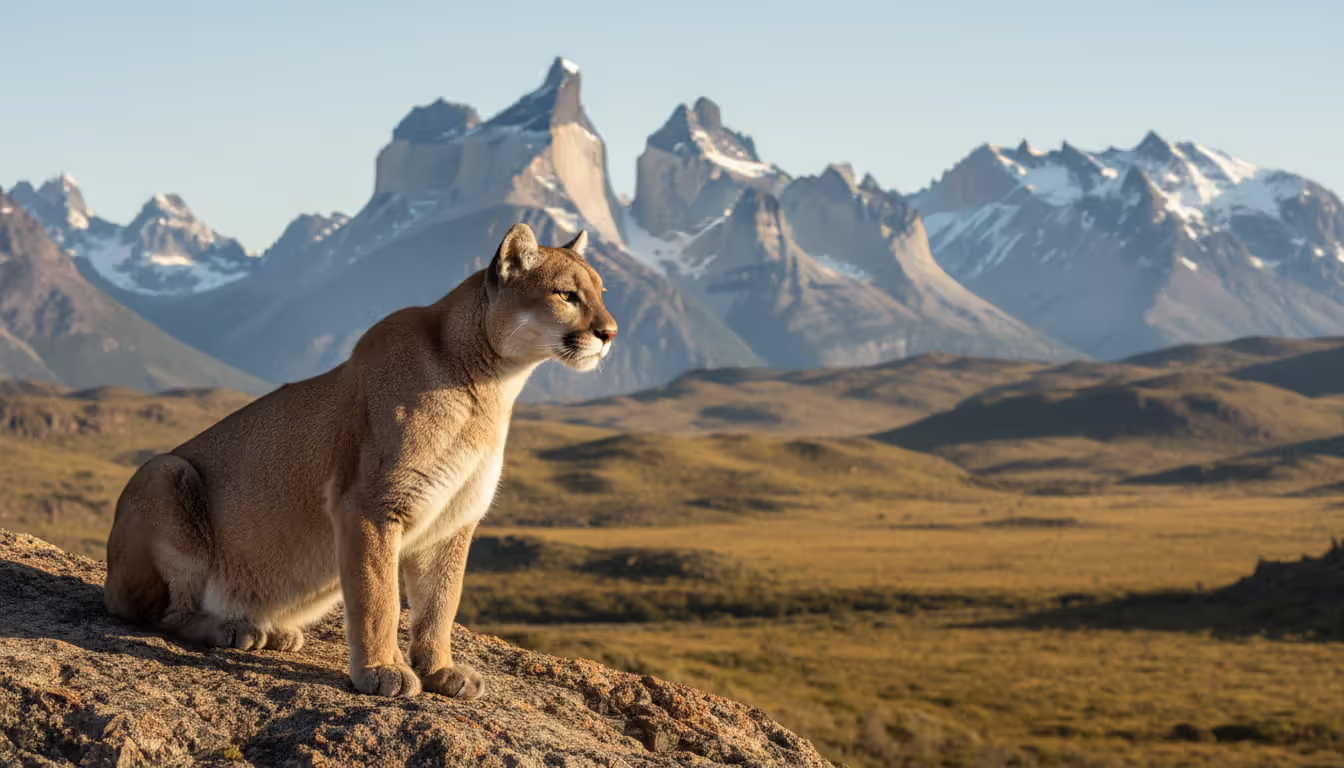 Wild puma standing on a rocky ledge with snow-capped Torres del Paine mountain peaks in the background in Chilean Patagonia