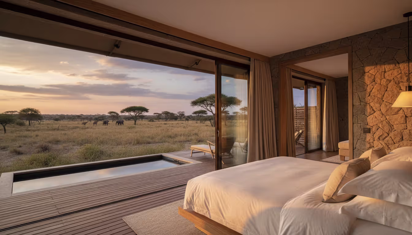 Luxury contemporary safari lodge suite with floor-to-ceiling window overlooking African savanna, private plunge pool on wooden deck, minimalist interior with warm evening lighting