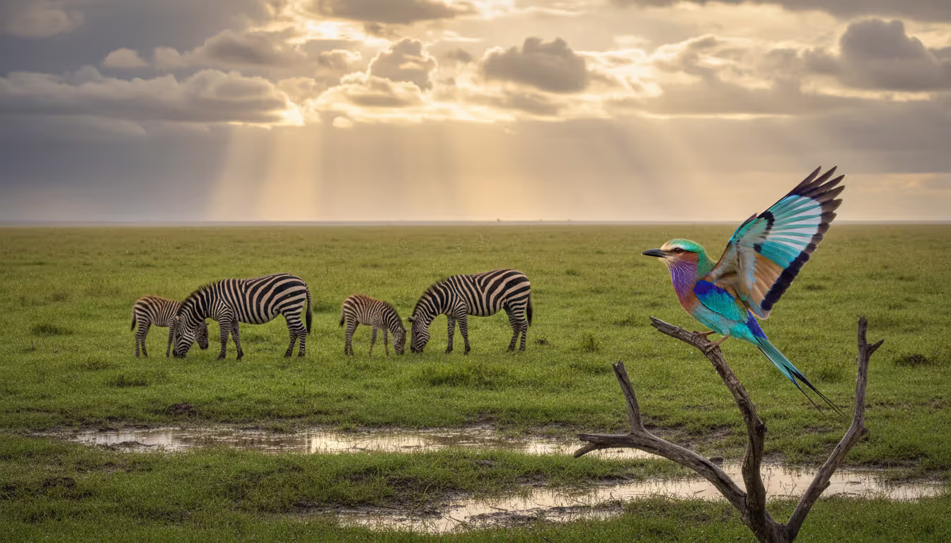 Green season African savanna landscape after rain with dramatic clouds, zebras with foal grazing on lush grass, colorful lilac-breasted roller bird perched on a branch