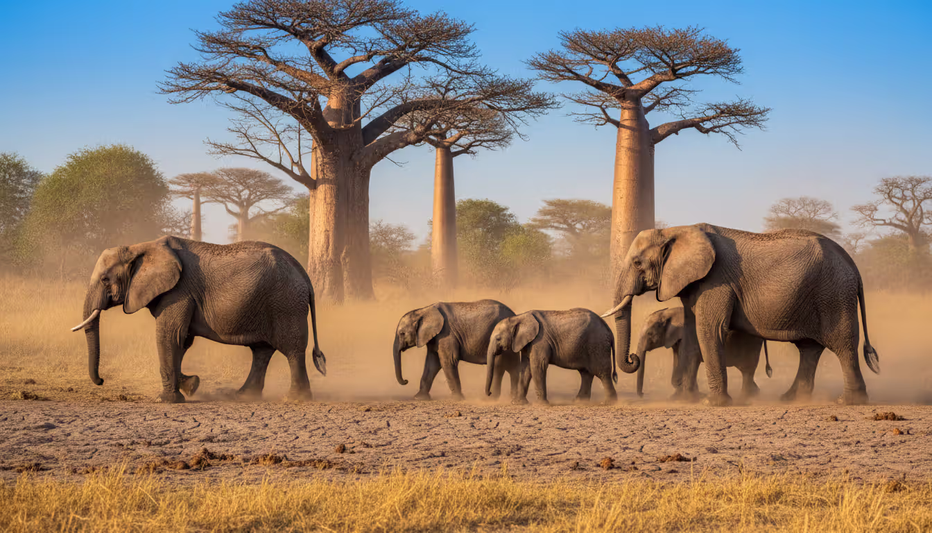 Herd of African elephants with calves walking along a dry riverbed past massive baobab trees in Tarangire National Park during dry season