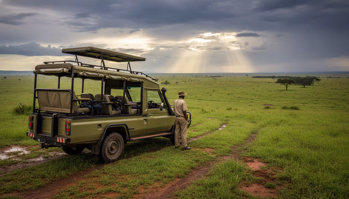 Open-roof safari vehicle parked on a hilltop overlooking vast green savanna after rain, with guide standing nearby and dramatic clouds with sunbeams in the sky