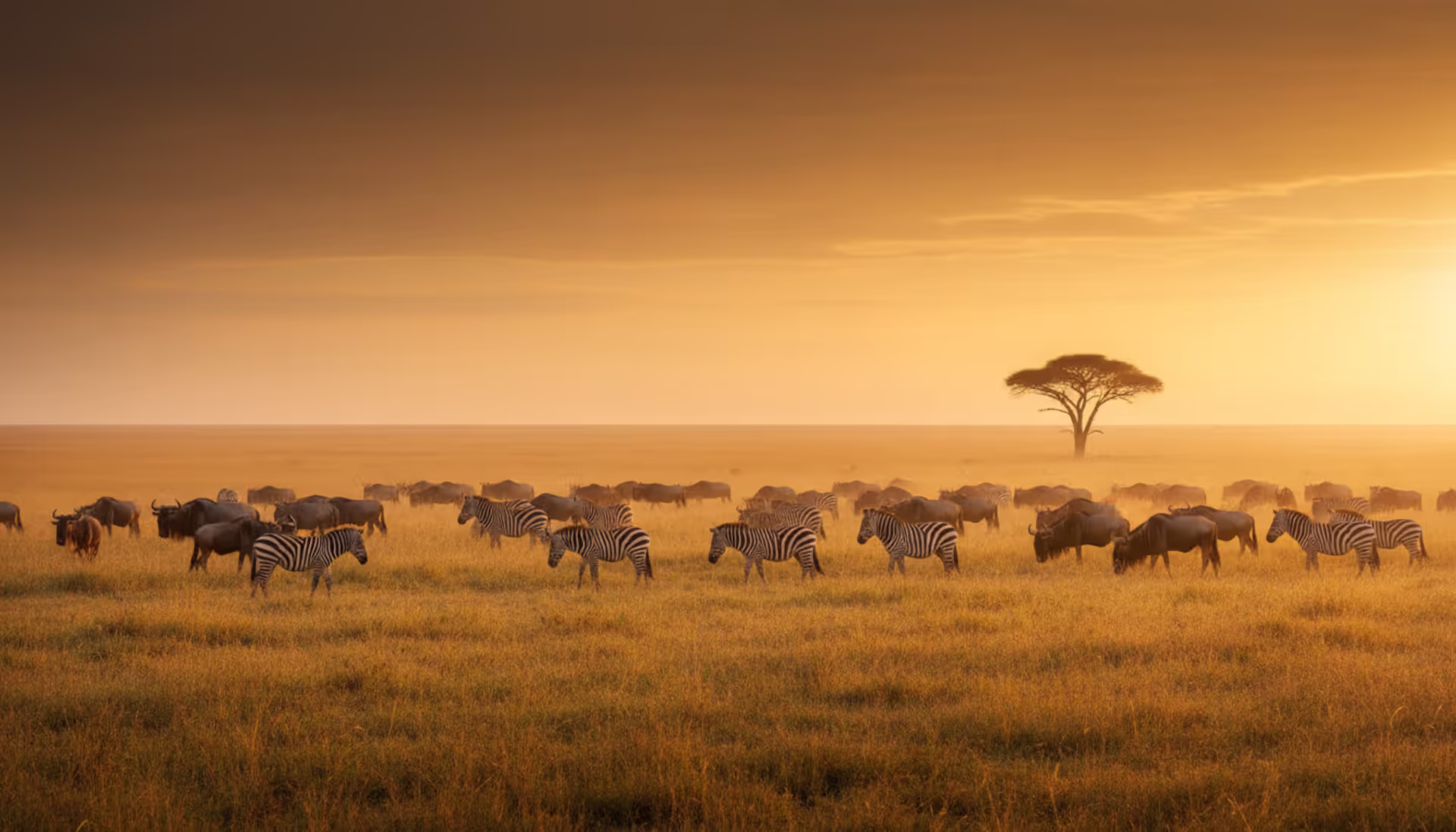 Panoramic sunrise view over the Serengeti savanna with scattered acacia trees, zebras and wildebeest grazing on golden plains