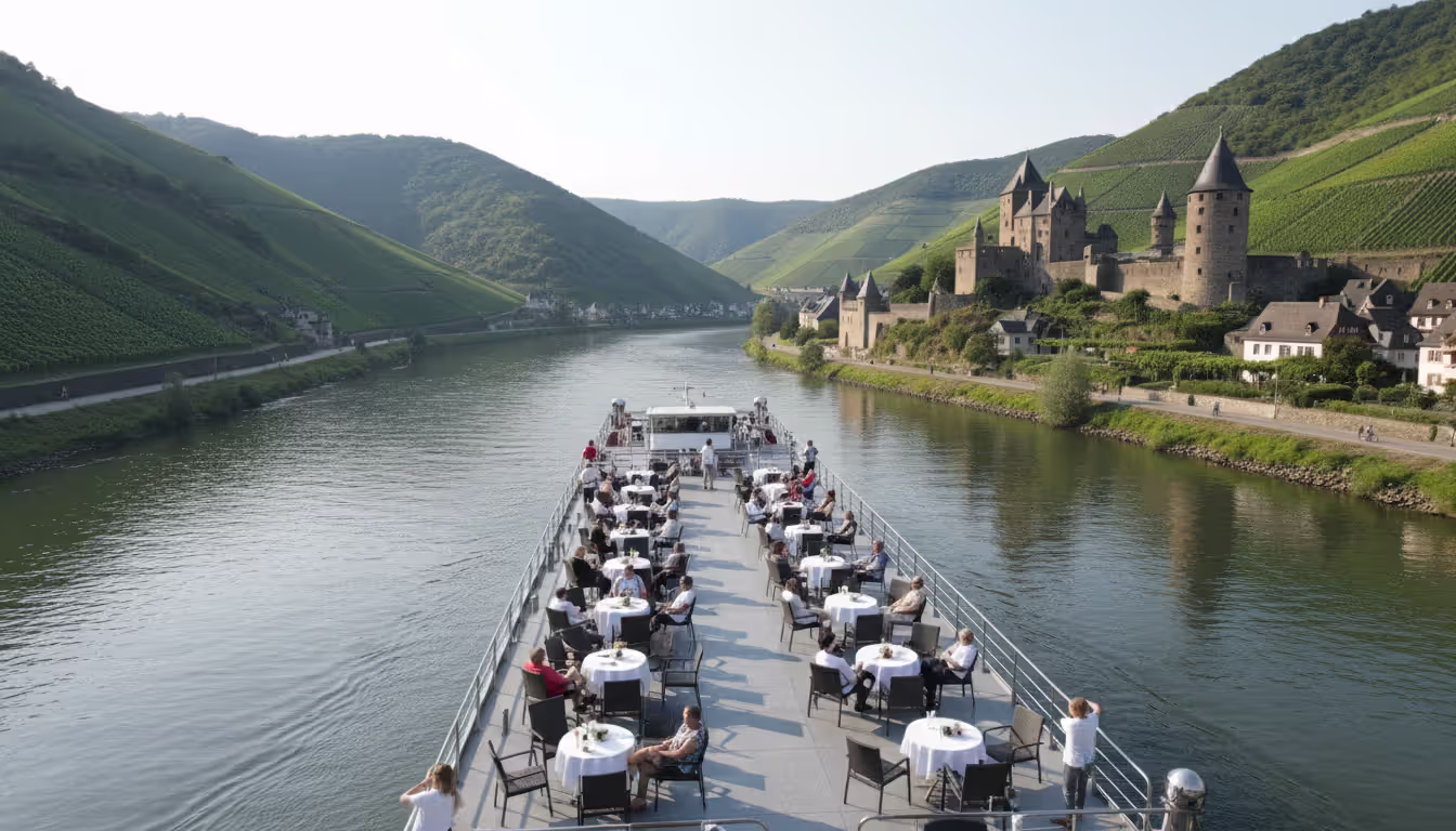Elegant river cruise ship sailing along a European river with vineyard-covered green hills, medieval castles on the riverbank, and passengers enjoying the view from the deck on a sunny day