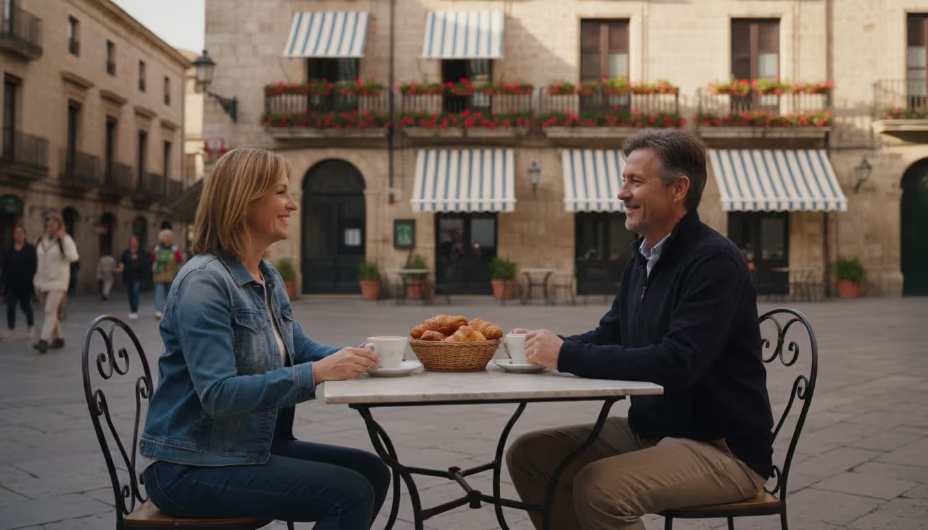 Middle-aged couple sitting at an outdoor cafe table on a cobblestone European square with coffee and croissants, historic building facades with balconies and flower pots in the background