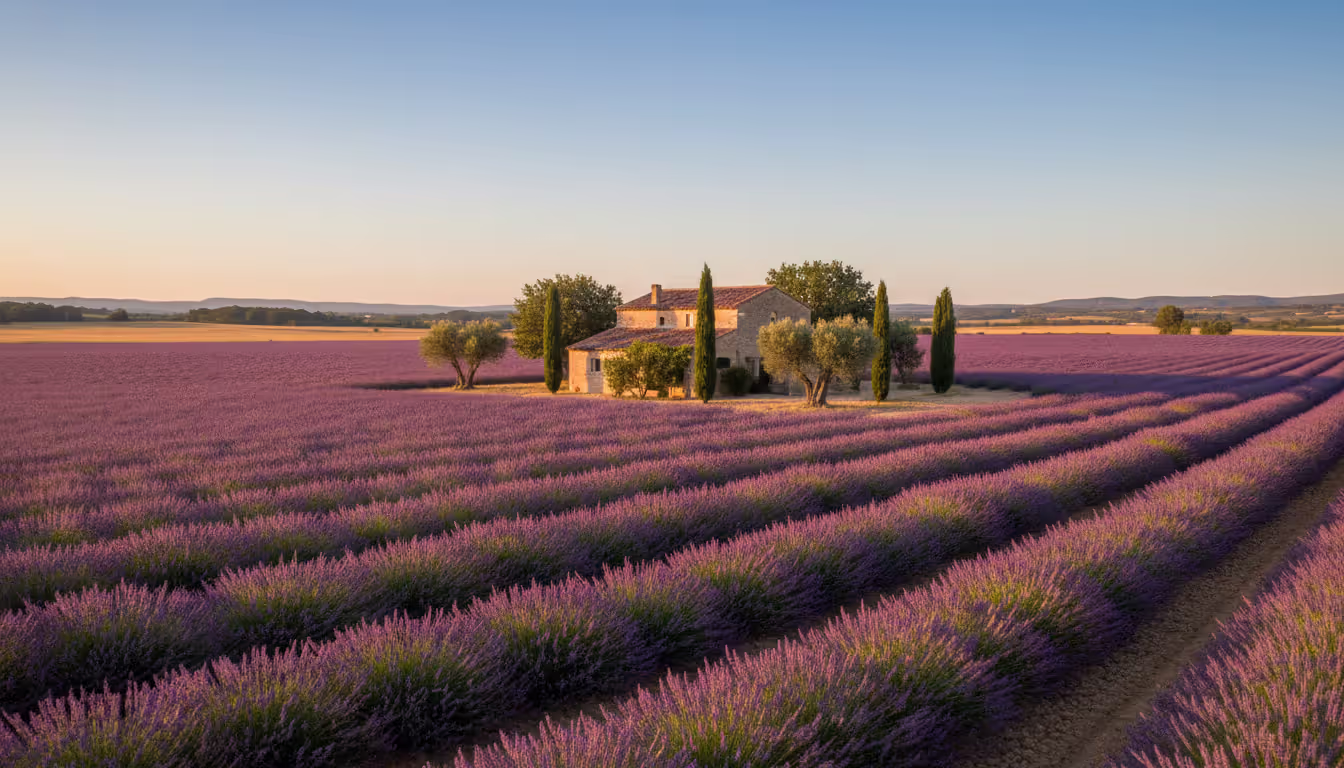 Scenic Provence landscape with endless lavender fields stretching to the horizon, a stone farmhouse with tile roof, cypress and olive trees, golden sunset light, and a clear blue sky