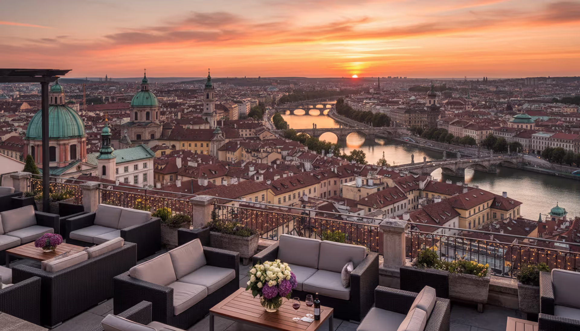 Panoramic sunset view of a European city with terracotta rooftops and cathedral domes seen from a luxury hotel terrace with elegant furniture and wine glasses