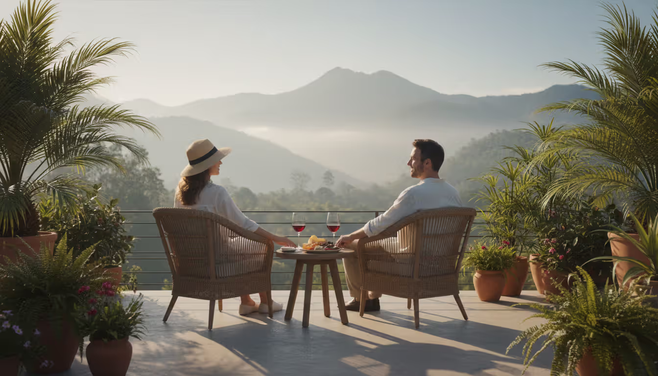 A couple relaxing in wicker chairs on a spacious open veranda with wine glasses on a table overlooking a lush green mountain landscape in soft morning light