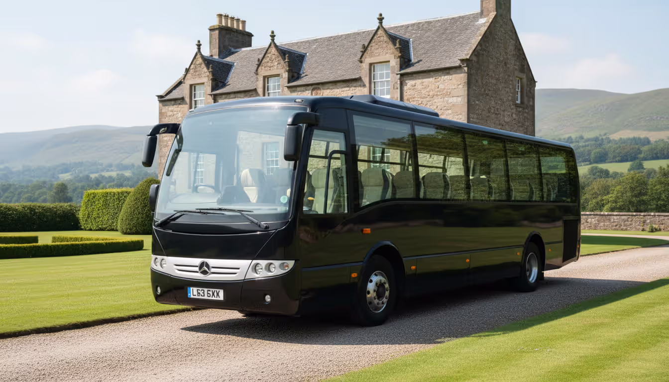 Black executive minibus with panoramic windows parked on a gravel driveway in front of a Scottish stone country estate surrounded by green hills
