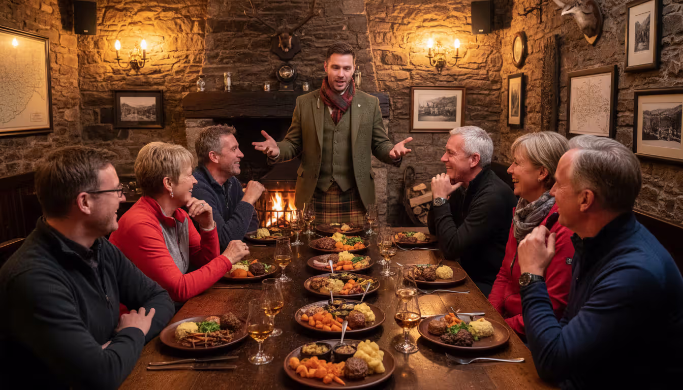 Small group of eight travelers having dinner together at a cozy Scottish pub with stone walls, whisky glasses and plates of food on a wooden table, warm ambient lighting