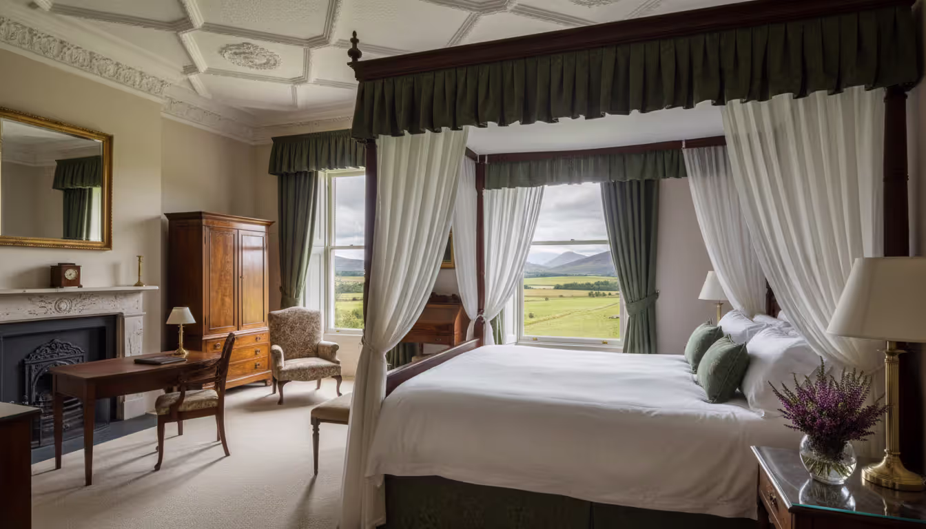 Luxurious hotel room in a historic Scottish country house with a four-poster bed, antique furniture, tall windows overlooking green Highland landscape, and heather flowers on a bedside table
