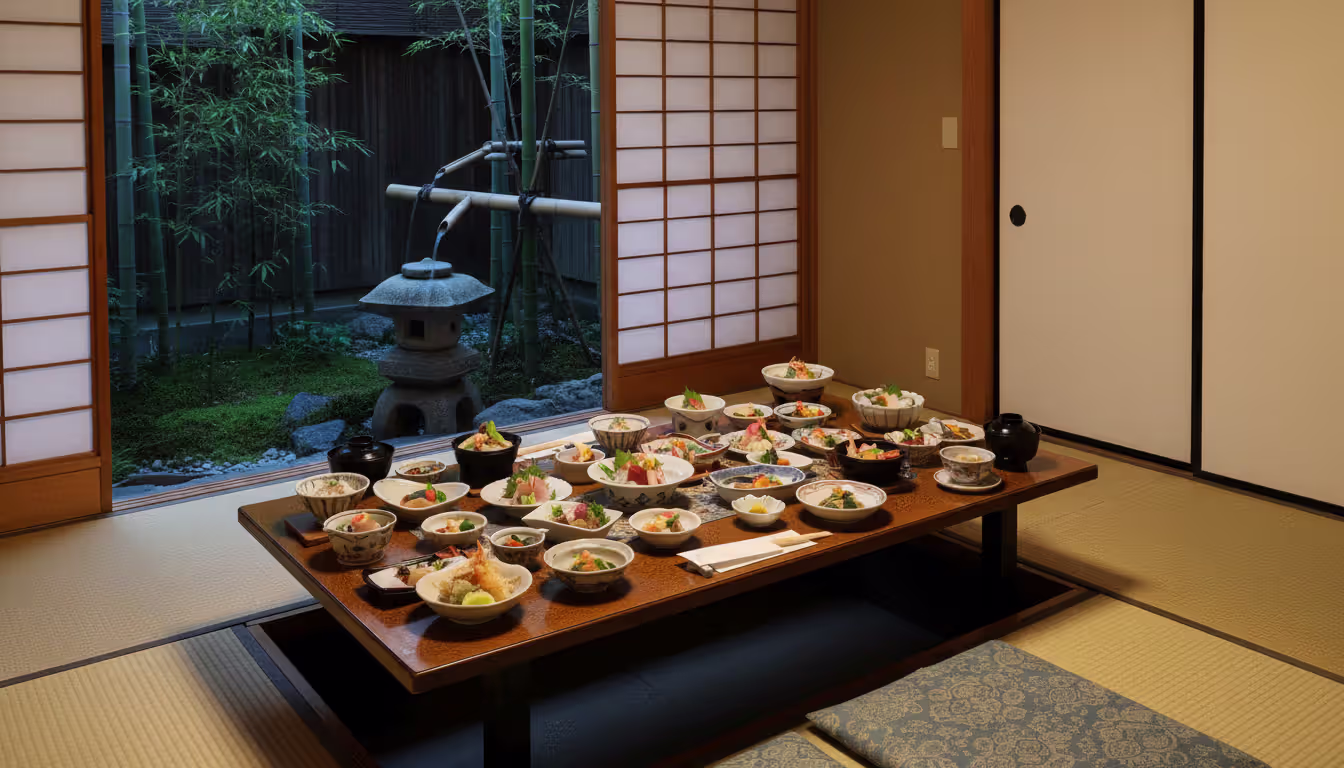 Traditional Japanese ryokan room with tatami floor and multi-course kaiseki dinner set on low table with shoji doors open to a zen garden