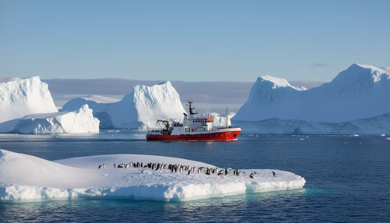Small luxury expedition ship sailing among towering Antarctic icebergs with a group of penguins on an ice floe in the foreground