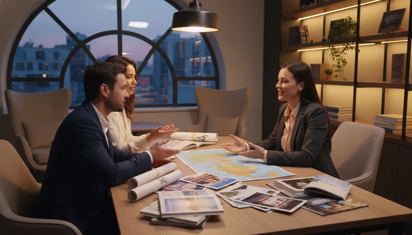 Small group of elegantly dressed travelers exiting a luxury safari vehicle in African savanna at sunset with wildlife silhouettes