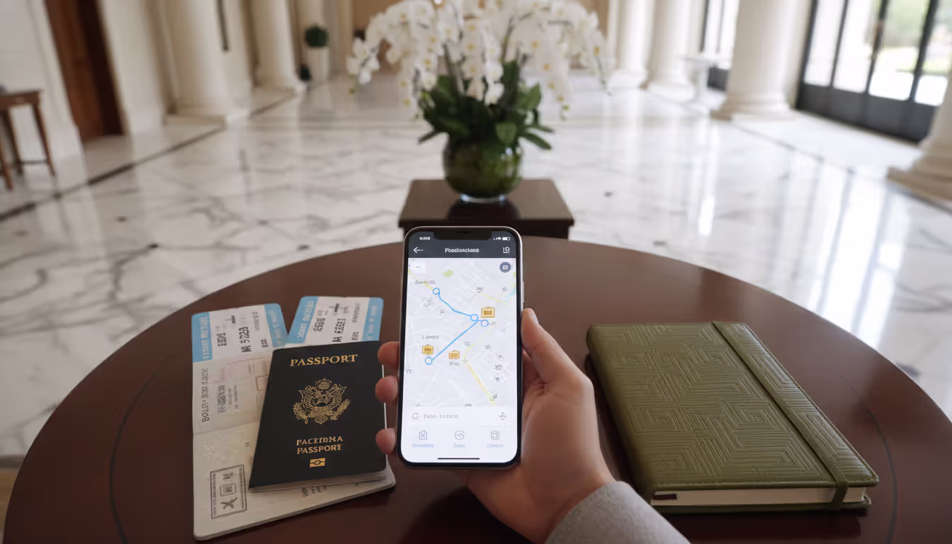 Hands holding a smartphone with a travel itinerary app next to a passport and boarding passes in a luxury hotel lobby