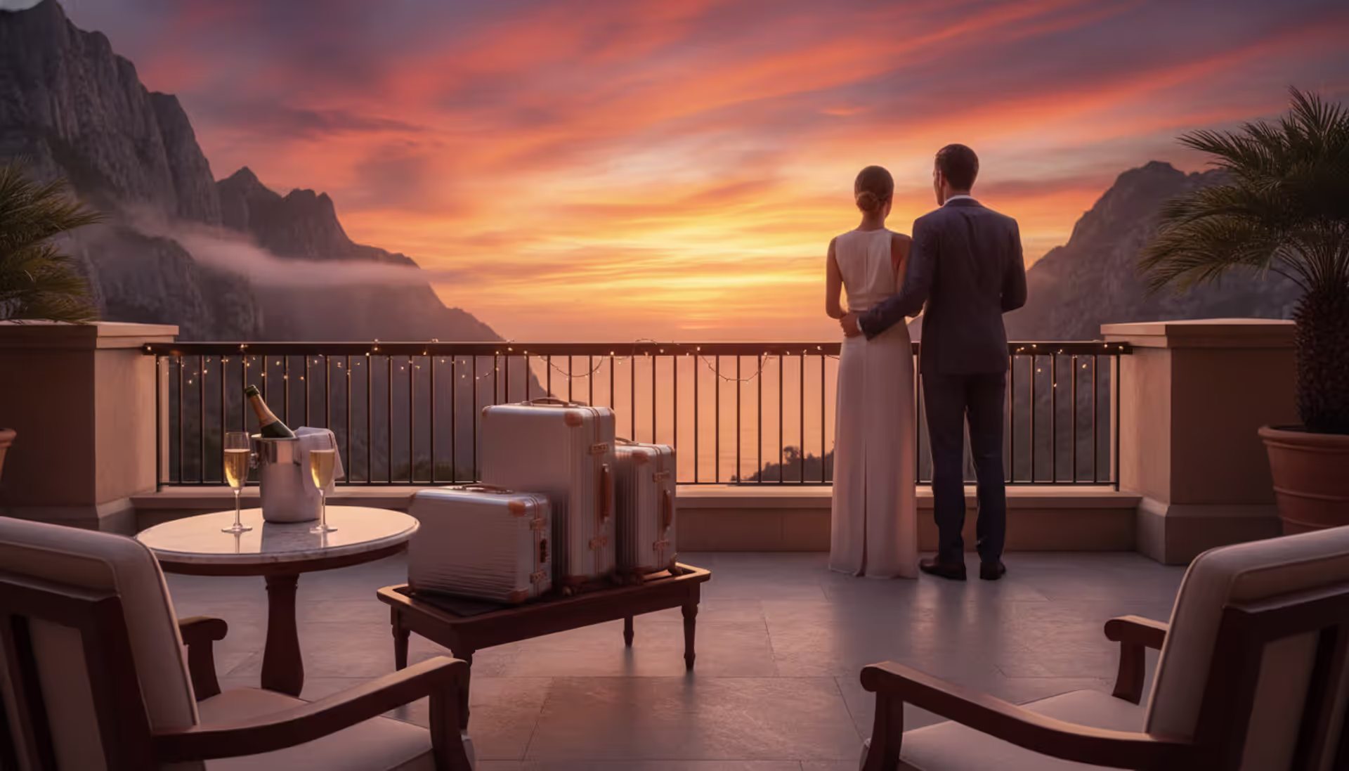 Couple standing on a luxury hotel terrace overlooking mountains at sunset with premium luggage and champagne glasses